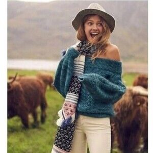 Anthropologie  Sleeping on Snow Blue Cable Knit Ribbed Off Shoulder Sweater